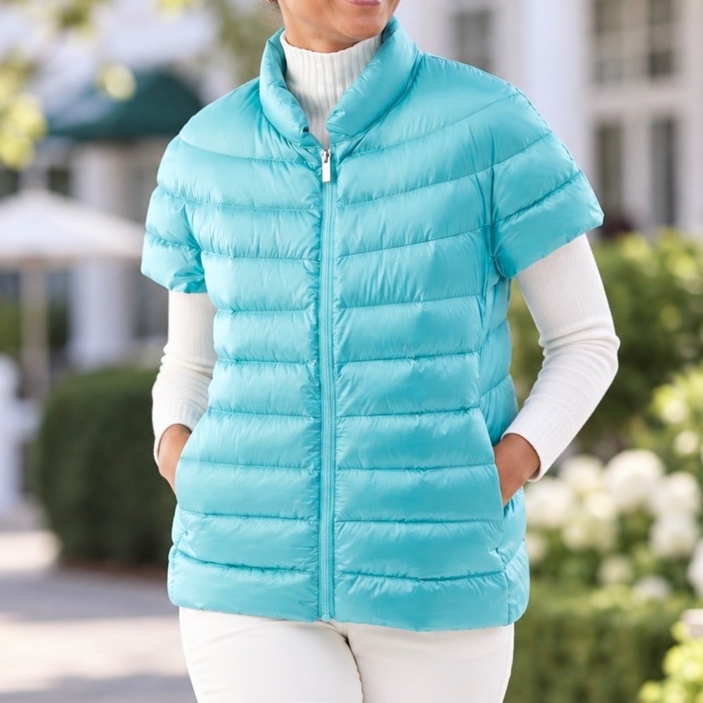 NWT Martha Stewart Down Puffer Vest Short Sleeve Quilted Jacket Turquoise Blue L